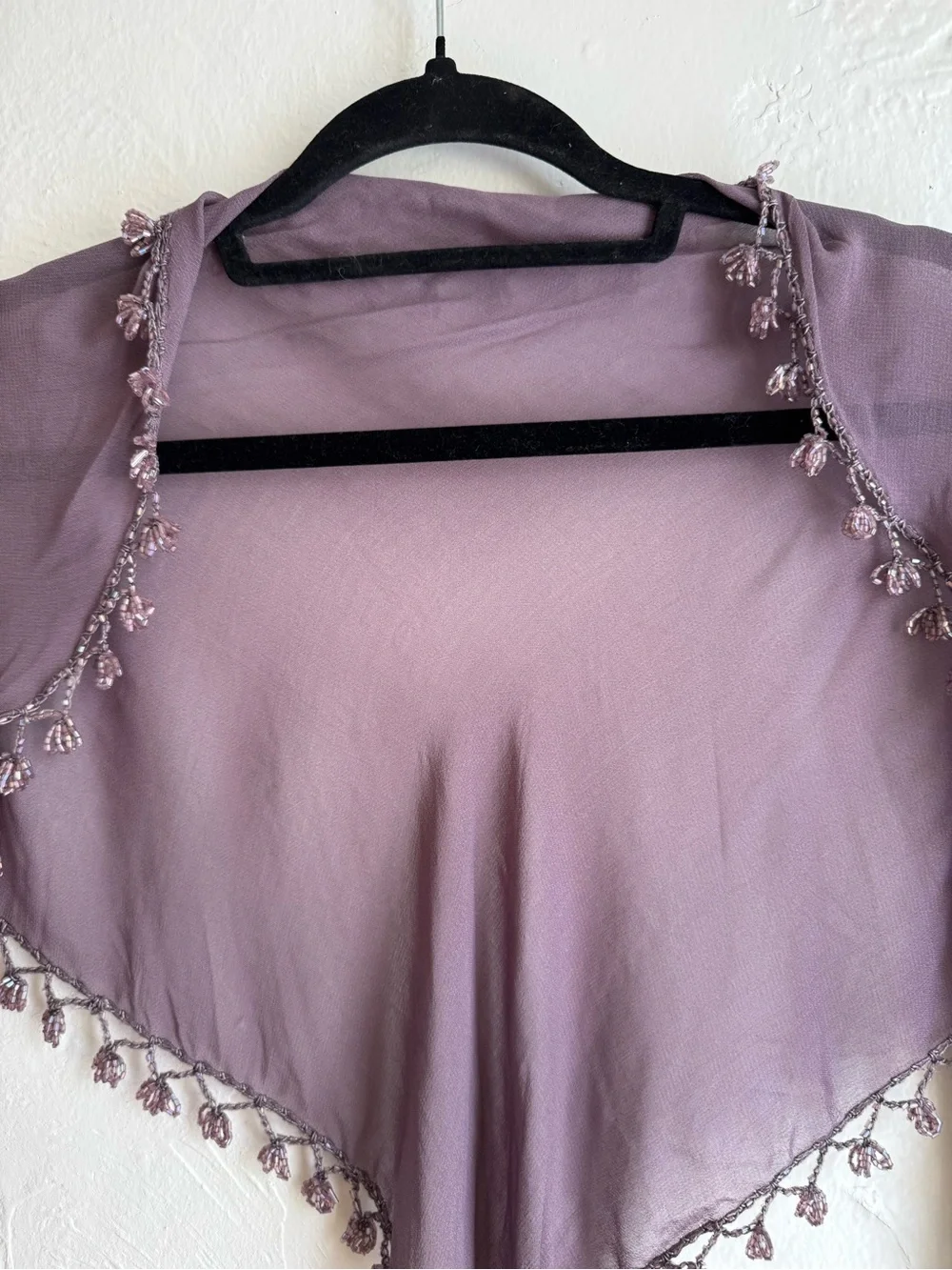 Sheer Chiffon Triangle Scarf Wrap with Beaded Crochet Fringe Mauve Purple Boho
